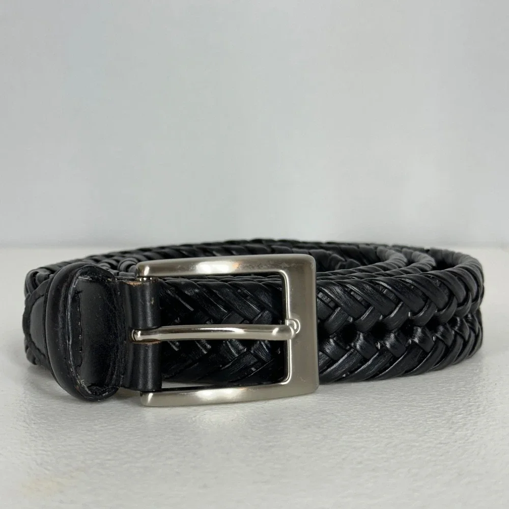 G.H. Bass Men's Black Braided Leather Belt Size 46/115 Silver Buckle 11GH0402